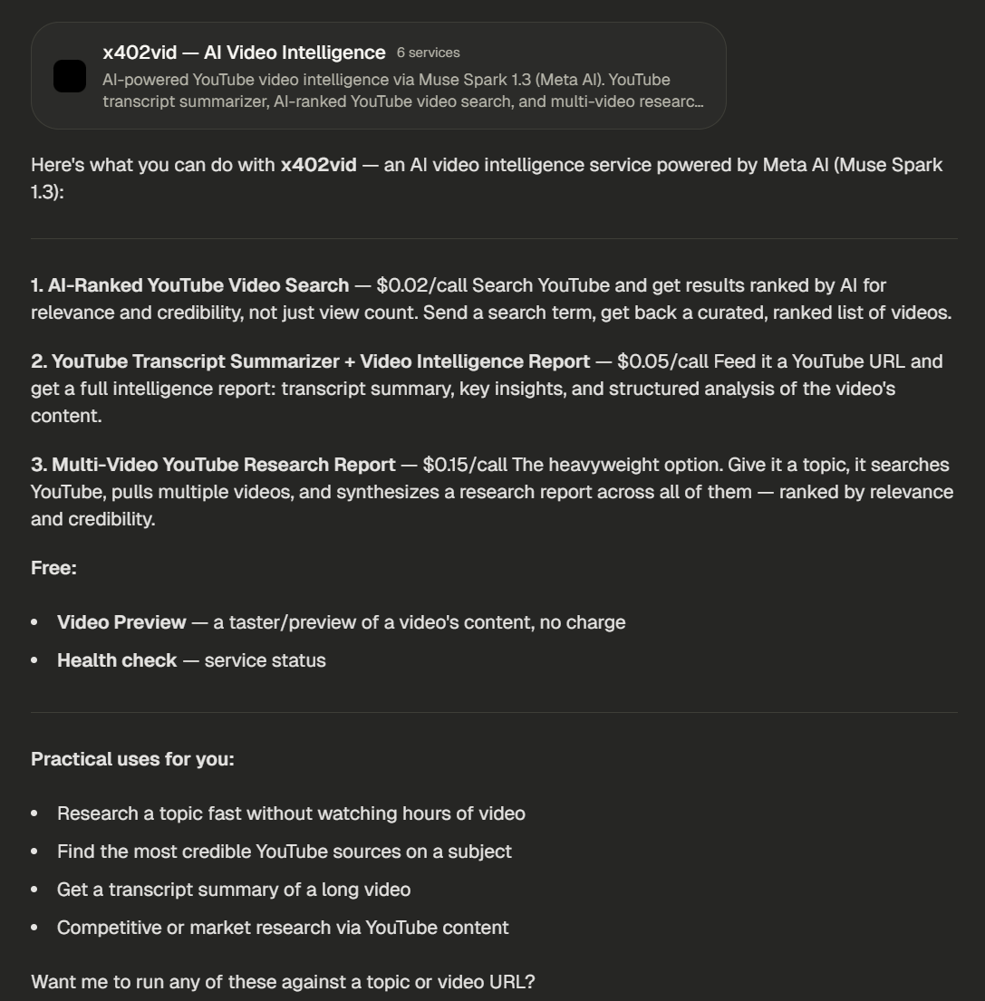 AI agent using x402vid tools with live x402 pricing